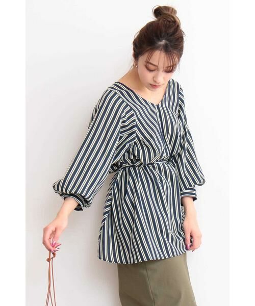 ＊＊N.Natural Beauty Basic / エヌ ナチュラルビューティーベーシック シャツ・ブラウス | マルチカラーストライプブラウス（ネイビー×イエローストライプ1）