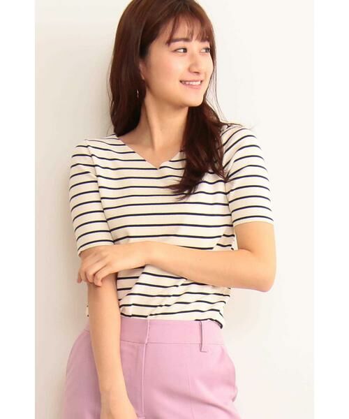 ＊＊N.Natural Beauty Basic / エヌ ナチュラルビューティーベーシック ニット・セーター | 総針コンパクトVネックニット（オフ×ネイビーボーダー1）