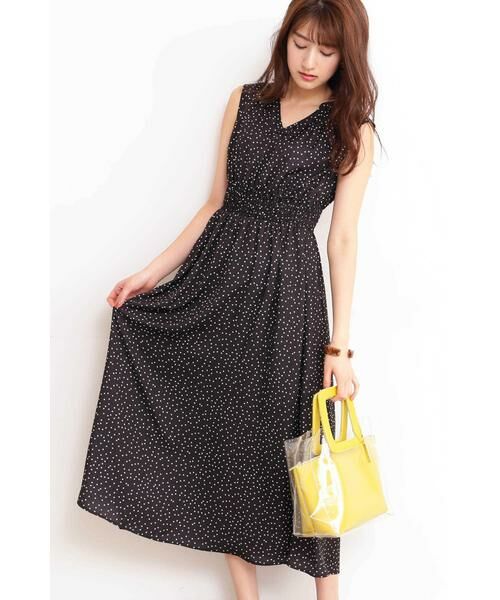 ＊＊N.Natural Beauty Basic / エヌ ナチュラルビューティーベーシック ワンピース | ハイウエストシャーリングマキシワンピース（ブラック×オフドット1）