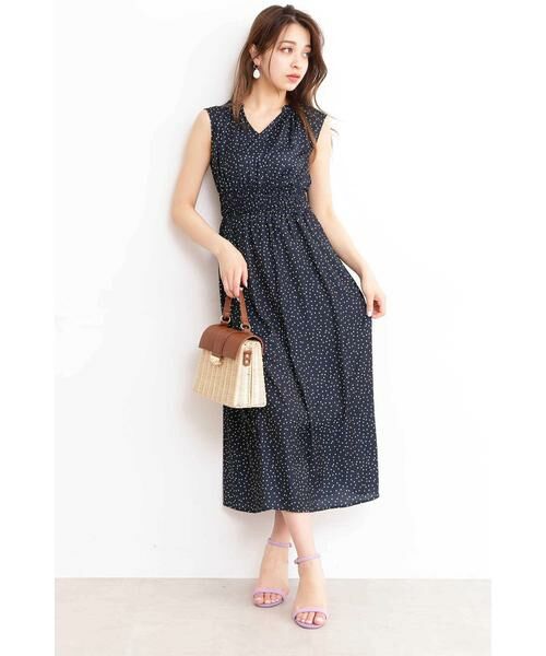 ＊＊N.Natural Beauty Basic / エヌ ナチュラルビューティーベーシック ワンピース | ハイウエストシャーリングマキシワンピース（ネイビー×オフドット1）