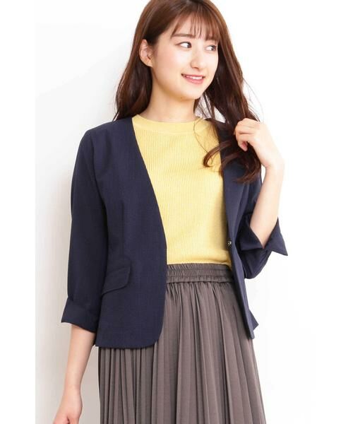 ＊＊N.Natural Beauty Basic / エヌ ナチュラルビューティーベーシック テーラードジャケット | シアーサッカーノーカラージャケット（ネイビー）