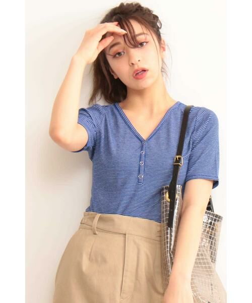 ＊＊N.Natural Beauty Basic / エヌ ナチュラルビューティーベーシック カットソー | テレコボーダーヘンリーネックTシャツ（ブルーボーダー1）