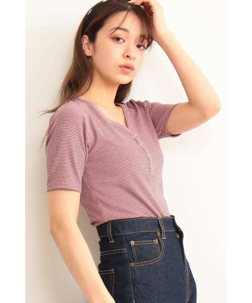 ＊＊N.Natural Beauty Basic / エヌ ナチュラルビューティーベーシック カットソー | テレコボーダーヘンリーネックTシャツ（ピンクボーダー1）