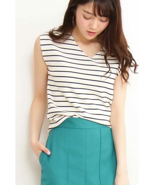 ＊＊N.Natural Beauty Basic / エヌ ナチュラルビューティーベーシック ニット・セーター | 総針ノースリーブVネックニット（オフ×ネイビー1）