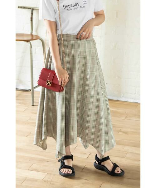 ＊＊N.Natural Beauty Basic / エヌ ナチュラルビューティーベーシック スカート | イレヘムチェックスカート（ベージュ×グリーンチェック1）