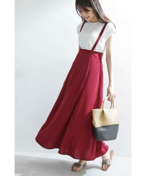 ＊＊N.Natural Beauty Basic / エヌ ナチュラルビューティーベーシック スカート | サスペンダー付フレアマキシスカート（ボルドー）