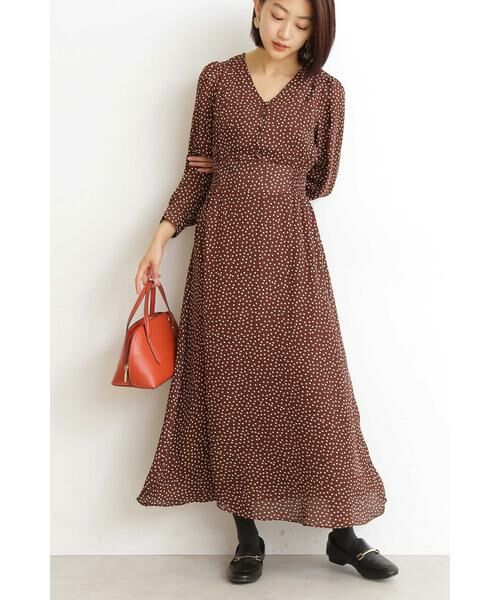 ＊＊N.Natural Beauty Basic / エヌ ナチュラルビューティーベーシック ワンピース | ドットウエストシャーリングワンピース（ブラウン×ベージュドット1）