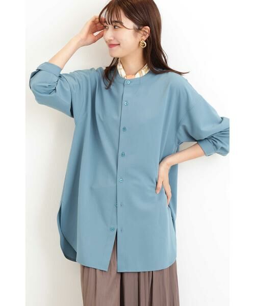 ＊＊N.Natural Beauty Basic / エヌ ナチュラルビューティーベーシック シャツ・ブラウス | リボンブラウジングバンドカラーシャツ（ブルー）