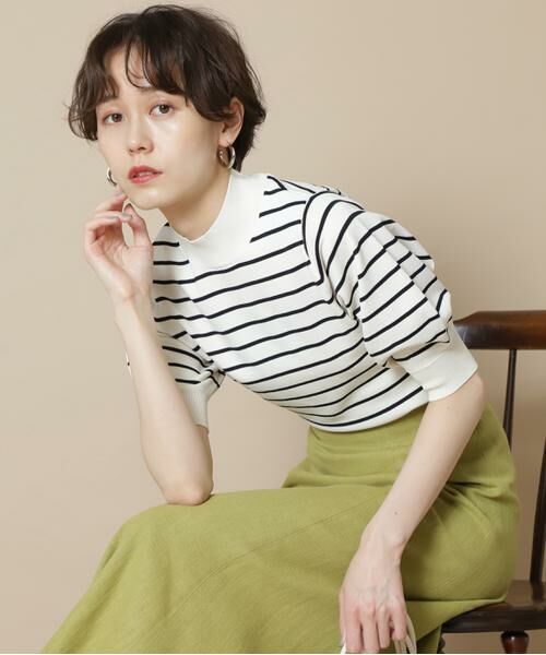 ＊＊N.Natural Beauty Basic / エヌ ナチュラルビューティーベーシック ニット・セーター | プレーティング天竺ボトルネックパフ袖ニット（オフ×ネイビー1）