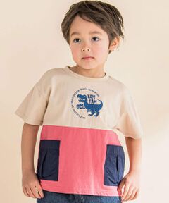 恐竜プリントポケット付き配色Tシャツ(80~130cm)