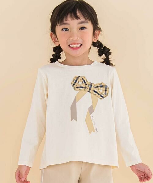 Noeil aime BeBe/ノイユ エーム べべ 天竺チェックリボン長袖Tシャツ(80~130cm) オフホワイト 90cm Noeil aime BeBe/ノイユ エーム べべ 天竺チェックリボン長袖Tシャツ(80~130cm) オフホワイト 90cm