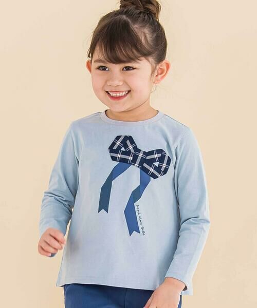 Noeil aime BeBe/ノイユ エーム べべ 天竺チェックリボン長袖Tシャツ(80~130cm) ブルー 130cm Noeil aime BeBe/ノイユ エーム べべ 天竺チェックリボン長袖Tシャツ(80~130cm) ブルー 130cm