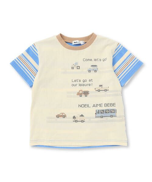 Noeil aime BeBe / ノイユ エーム べべ Tシャツ | ボーダー切り替え車プリント半袖Tシャツ(80~120cm) | 詳細3