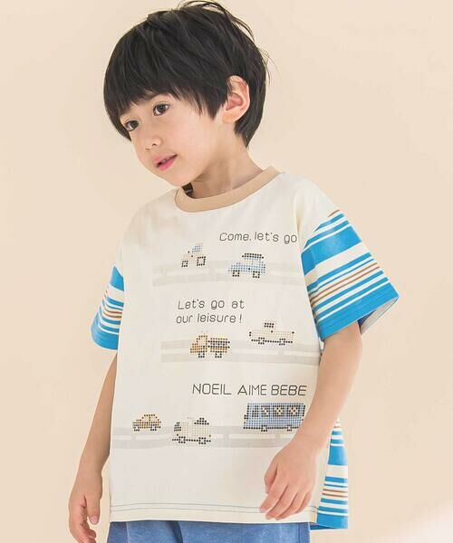 Noeil aime BeBe/ノイユ エーム べべ ボーダー切り替え車プリント半袖Tシャツ(80~120cm) ブルー系 110cm Noeil aime BeBe/ノイユ エーム べべ ボーダー切り替え車プリント半袖Tシャツ(80~120cm) ブルー系 110cm