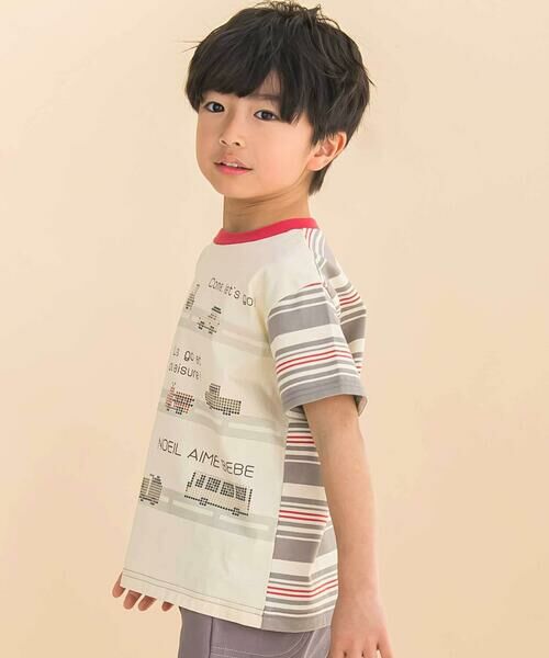 Noeil aime BeBe/ノイユ エーム べべ ボーダー切り替え車プリント半袖Tシャツ(80~120cm) グレー系 100cm Noeil aime BeBe/ノイユ エーム べべ ボーダー切り替え車プリント半袖Tシャツ(80~120cm) グレー系 100cm