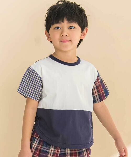 Noeil aime BeBe/ノイユ エーム べべ 袖チェック配色半袖Tシャツ(80~130cm) ネイビー系 120cm Noeil aime BeBe/ノイユ エーム べべ 袖チェック配色半袖Tシャツ(80~130cm) ネイビー系 120cm