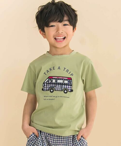 Noeil aime BeBe/ノイユ エーム べべ 天竺クルマパッチ刺しゅう半袖Tシャツ(80~130cm) グリーン 110cm Noeil aime BeBe/ノイユ エーム べべ 天竺クルマパッチ刺しゅう半袖Tシャツ(80~130cm) グリーン 110cm
