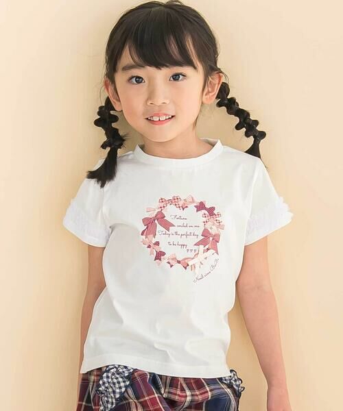 Noeil aime BeBe/ノイユ エーム べべ 天竺袖フリルリボンプリント半袖Tシャツ(80~130cm) ホワイト 90cm Noeil aime BeBe/ノイユ エーム べべ 天竺袖フリルリボンプリント半袖Tシャツ(80~130cm) ホワイト 90cm