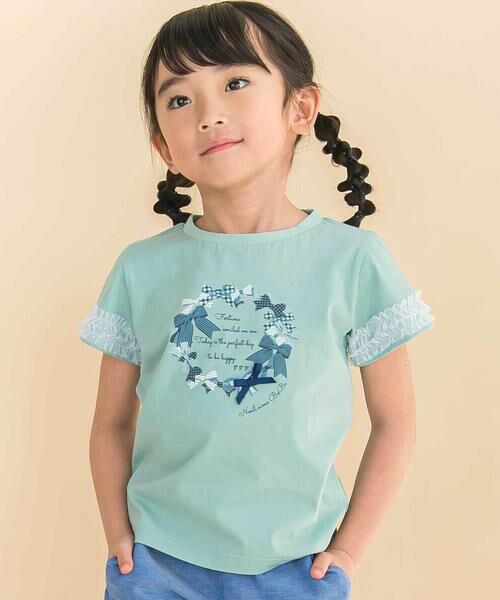 Noeil aime BeBe/ノイユ エーム べべ 天竺袖フリルリボンプリント半袖Tシャツ(80~130cm) グリーン 120cm Noeil aime BeBe/ノイユ エーム べべ 天竺袖フリルリボンプリント半袖Tシャツ(80~130cm) グリーン 120cm
