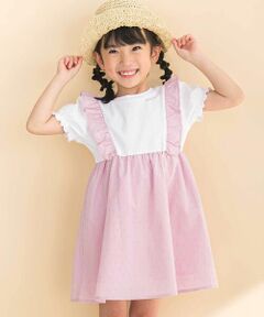 Noeil aime BeBe / ノイユ エーム べべ ミニ丈・ひざ丈ワンピース | 【お揃い】ドットドビーｘストレッチフライス肩フリルドッキングワンピース(80~130cm)