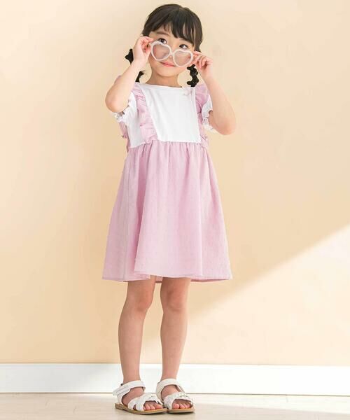 Noeil aime BeBe / ノイユ エーム べべ ミニ丈・ひざ丈ワンピース | 【お揃い】ドットドビーxストレッチフライス肩フリルドッキングワンピース(80~130cm) | 詳細2