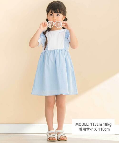 Noeil aime BeBe / ノイユ エーム べべ ミニ丈・ひざ丈ワンピース | 【お揃い】ドットドビーxストレッチフライス肩フリルドッキングワンピース(80~130cm) | 詳細6