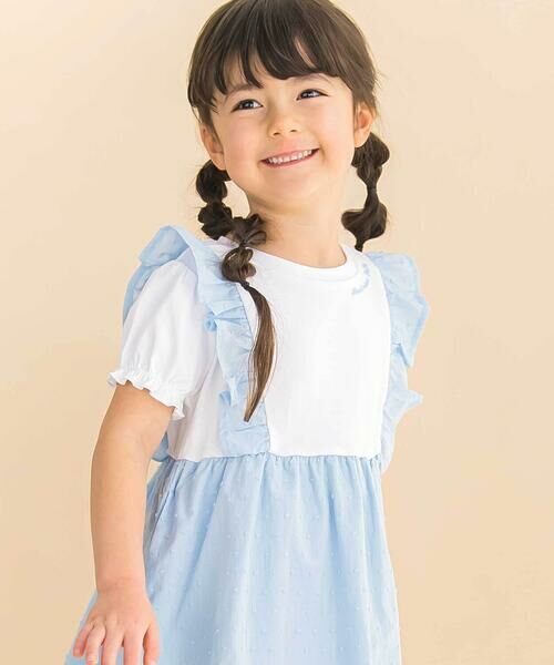 Noeil aime BeBe / ノイユ エーム べべ ミニ丈・ひざ丈ワンピース | 【お揃い】ドットドビーxストレッチフライス肩フリルドッキングワンピース(80~130cm) | 詳細8