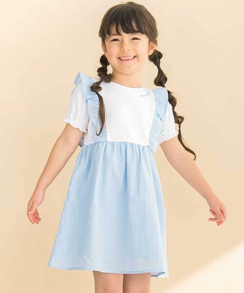 Noeil aime BeBe / ノイユ エーム べべ ミニ丈・ひざ丈ワンピース | 【お揃い】ドットドビーxストレッチフライス肩フリルドッキングワンピース(80~130cm)(ブルー)