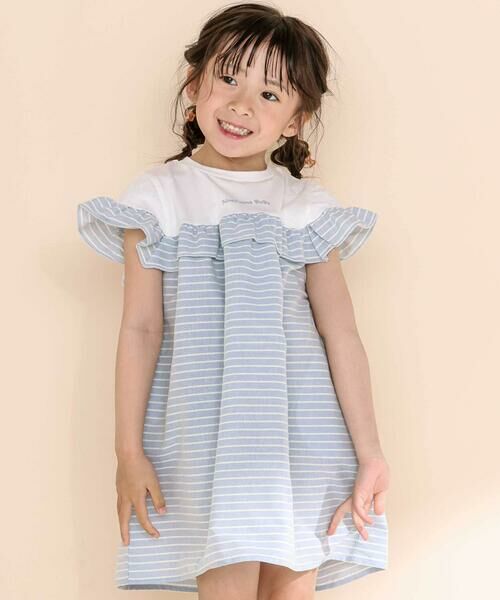 Noeil aime BeBe/ノイユ エーム べべ 【お揃い】チェック柄ボーダー柄フリル付きワンピース(80~130cm) ブルー系 90cm Noeil aime BeBe/ノイユ エーム べべ 【お揃い】チェック柄ボーダー柄フリル付きワンピース(80~130cm) ブルー系 90cm
