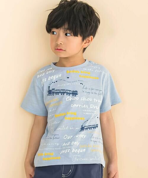 Noeil aime BeBe / ノイユ エーム べべ Tシャツ | スラブ天竺トレインプリント半袖Tシャツ(80~130cm)(ブルー)