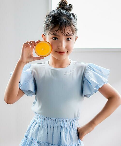 Noeil aime BeBe/ノイユ エーム べべ 【お揃い】ドットドビーxストレッチフライス肩フリル半袖Tシャツ(80~130cm) ブルー 90cm Noeil aime BeBe/ノイユ エーム べべ 【お揃い】ドットドビーxストレッチフライス肩フリル半袖Tシャツ(80~130cm) ブルー 90cm