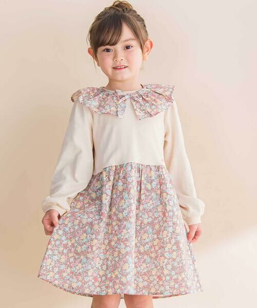 Noeil aime BeBe/ノイユ エーム べべ 【お揃い】花柄付け襟+花柄切り替えスムース長袖ワンピース(80~130cm) ピンク系 100cm Noeil aime BeBe/ノイユ エーム べべ 【お揃い】花柄付け襟+花柄切り替えスムース長袖ワンピース(80~130cm) ピンク系 100cm