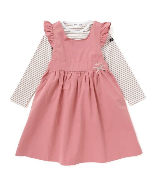 Noeil aime BeBe / ノイユ エーム べべ セットアップ | ツイル肩フリルジャンパースカート＋ボーダー長袖Tシャツセット(90~130cm) | 詳細3