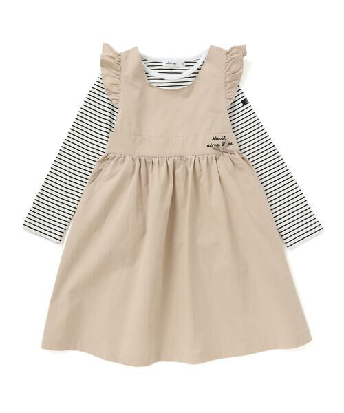 Noeil aime BeBe / ノイユ エーム べべ セットアップ | ツイル肩フリルジャンパースカート＋ボーダー長袖Tシャツセット(90~130cm) | 詳細10