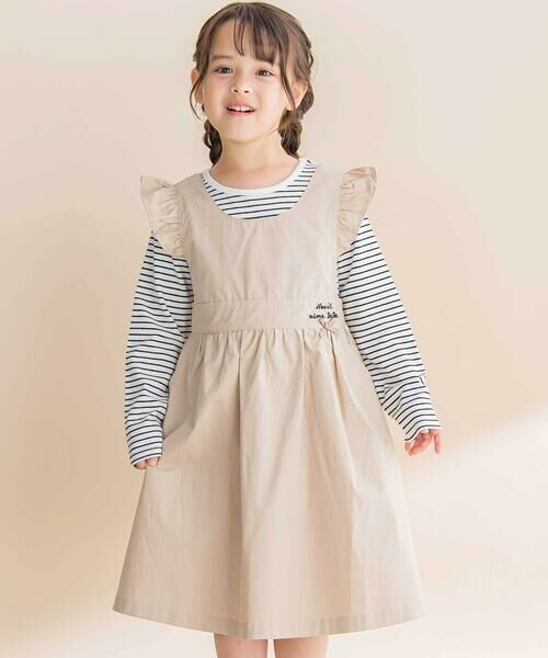 Noeil aime BeBe/ノイユ エーム べべ ツイル肩フリルジャンパースカート+ボーダー長袖Tシャツセット(90~130cm) ベージュ系 100cm Noeil aime BeBe/ノイユ エーム べべ ツイル肩フリルジャンパースカート+ボーダー長袖Tシャツセット(90~130cm) ベージュ系 100cm