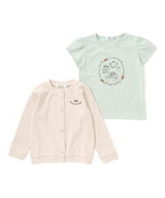 Noeil aime BeBe / ノイユ エーム べべ カーディガン・ボレロ | ティータイムプリント天竺半袖Tシャツ＋リボン付きスムース長袖カーディガンセット(80~130cm)