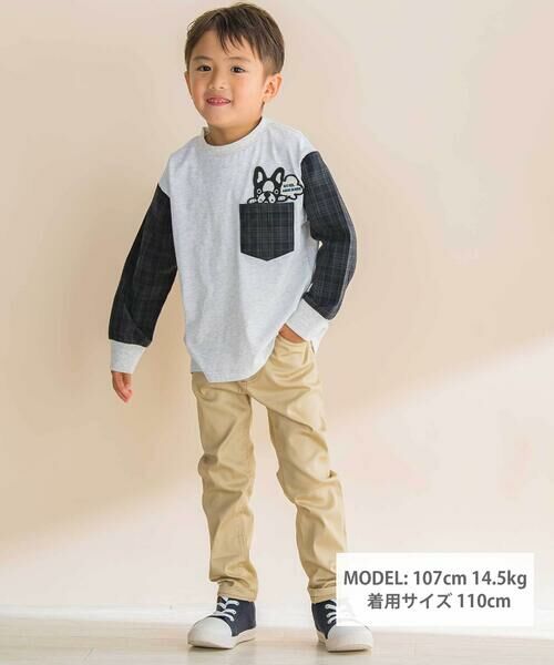 Noeil aime BeBe / ノイユ エーム べべ Tシャツ | チェック袖切り替え天竺長袖Tシャツ(80~130cm) | 詳細1