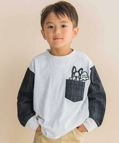 Noeil aime BeBe/ノイユ エーム べべ チェック袖切り替え天竺長袖Tシャツ(80~130cm) オフホワイト系 130cm Noeil aime BeBe/ノイユ エーム べべ チェック袖切り替え天竺長袖Tシャツ(80~130cm) オフホワイト系 130cm