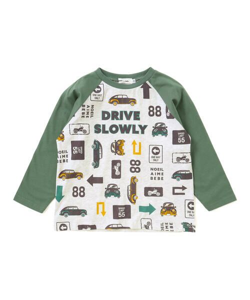 Noeil aime BeBe/ノイユ エーム べべ 車総柄配色天竺ラグラン長袖Tシャツ(80~130cm) グリーン系 100cm Noeil aime BeBe/ノイユ エーム べべ 車総柄配色天竺ラグラン長袖Tシャツ(80~130cm) グリーン系 100cm