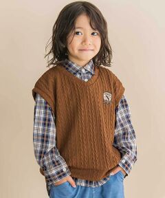 【お揃い】タータンチェックシャツ＋ケーブルジャガードベストセット(90~130cm)