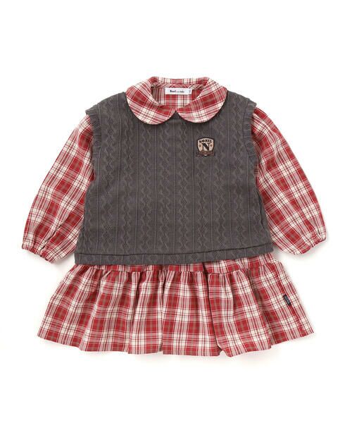 Noeil aime BeBe/ノイユ エーム べべ 【お揃い】タータンチェックワンピース+ケーブルジャガードベストセット(90~130cm) レッド系 130cm Noeil aime BeBe/ノイユ エーム べべ 【お揃い】タータンチェックワンピース+ケーブルジャガードベストセット(90~130cm) レッド系 130cm