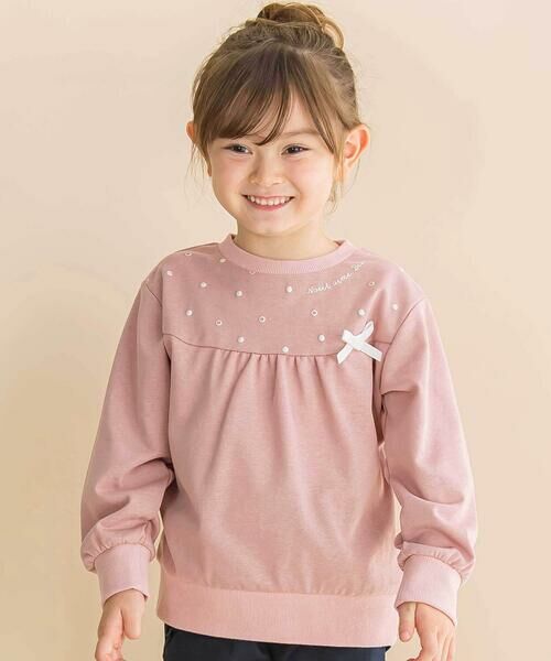 Noeil aime BeBe/ノイユ エーム べべ パール風プリントリボン付きインレイトレーナー(80~130cm) ピンク 100cm Noeil aime BeBe/ノイユ エーム べべ パール風プリントリボン付きインレイトレーナー(80~130cm) ピンク 100cm