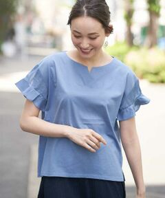 OFUON / オフオン カットソー | 【洗濯機で洗える】【二の腕カバー】スリットネック袖シアーカットソー