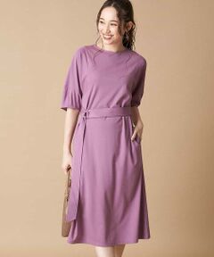 OFUON / オフオン ロング・マキシ丈ワンピース | 【洗える】【二の腕カバー】ベルト付きボリュームスリーブワンピース