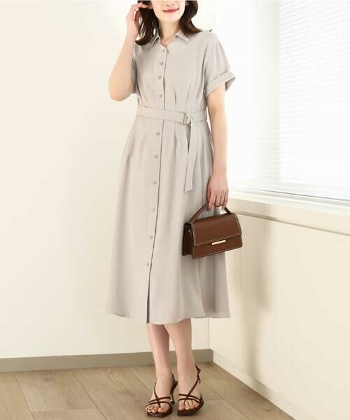 OFUON/オフオン スキッパーネックシャツワンピース/洗える/WEB限定サイズあり グレージュ S OFUON/オフオン スキッパーネックシャツワンピース/洗える/WEB限定サイズあり グレージュ S