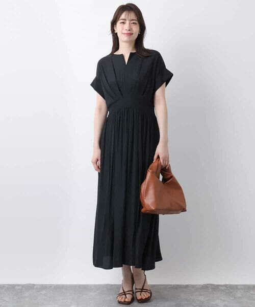 OFUON / オフオン ロング・マキシ丈ワンピース | ウエスト切り替えキーネックワンピース/洗える/WEB限定 | 詳細1