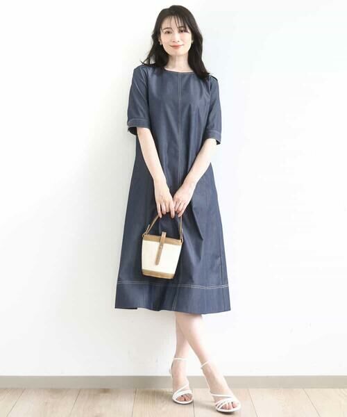OFUON/オフオン 配色ステッチデニムライクワンピース/UVカット/洗える/WEB限定サイズあり ネイビー M OFUON/オフオン 配色ステッチデニムライクワンピース/UVカット/洗える/WEB限定サイズあり ネイビー M