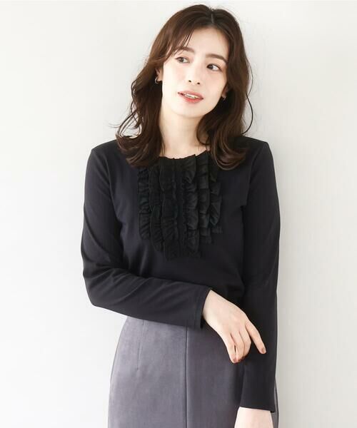 OFUON/オフオン ミニフリルディティールコットンカットソー/洗える/WEB限定サイズあり ブラックネイビー S