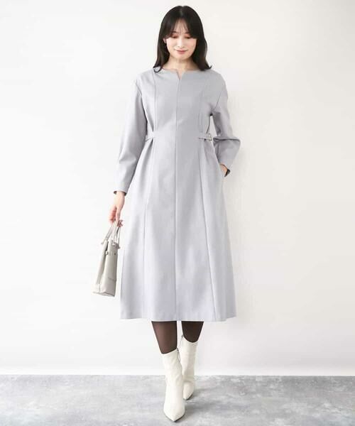 OFUON / オフオン ロング・マキシ丈ワンピース | ウールライクベルトデザインワンピース/洗える/WEB限定サイズあり(ライトグレー)