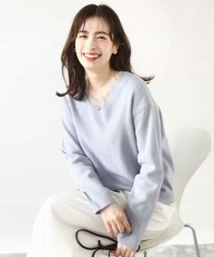 OFUON / オフオン ニット・セーター | Vネックレース片畦編みニット/洗える/WEB限定サイズあり